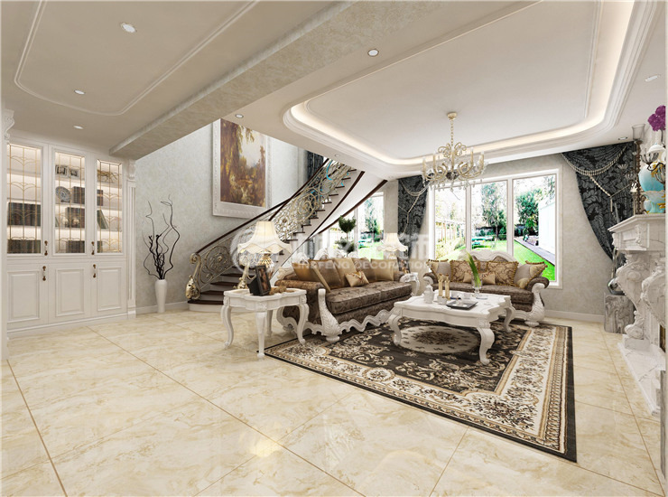 歐式大戶型客廳沙發(fā)不靠墻設計裝修效果圖