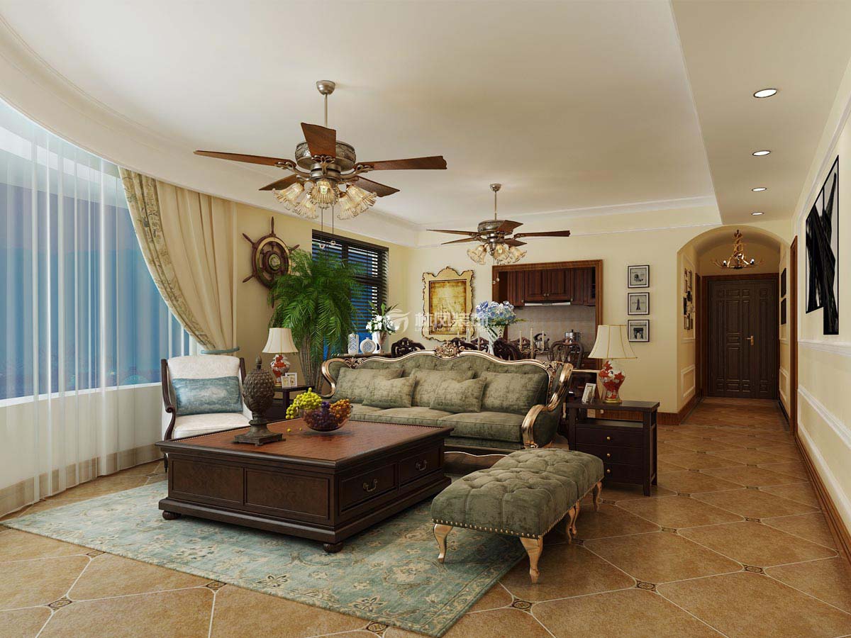 美式風格不規(guī)則戶型沙發(fā)不靠墻設計裝修效果圖