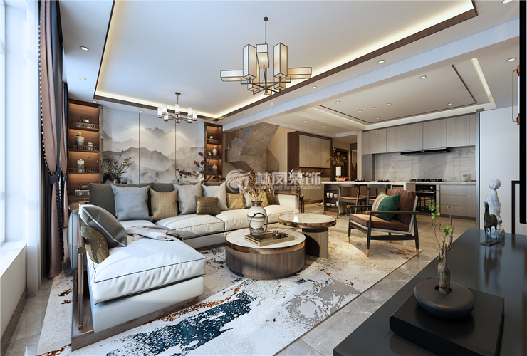 新中式風格客餐廚一體化設(shè)計裝修效果圖