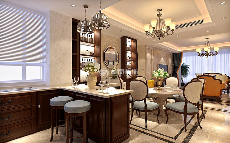 美式風格客餐廚一體化設(shè)計裝修效果圖